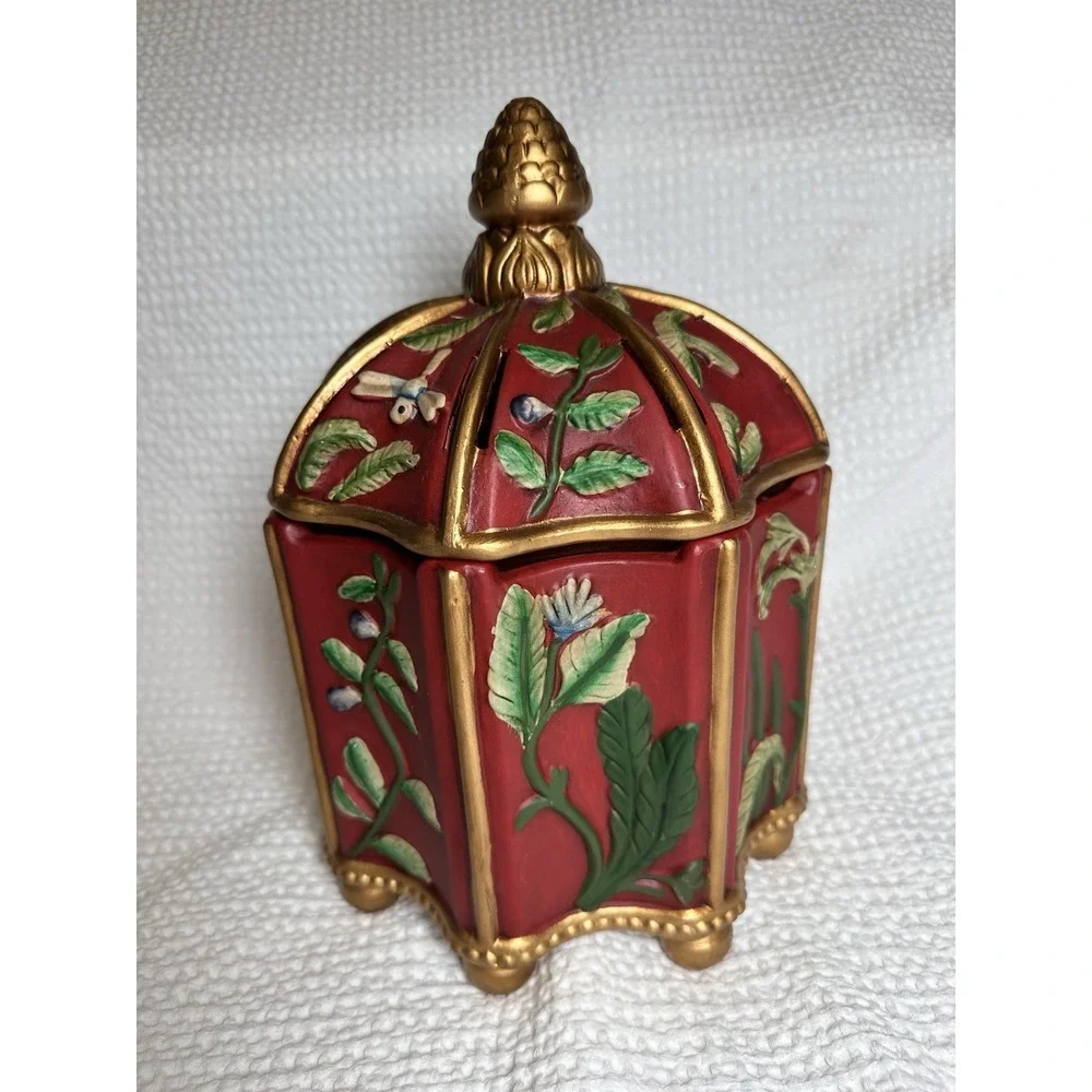 Red Gold Chinoiserie Ceramic Catalytic Fragrance Lamp Pagoda Asian Floral